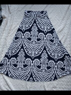 INC International Concepts Navy & White A-Line Damask Printed Maxi Skirt Office